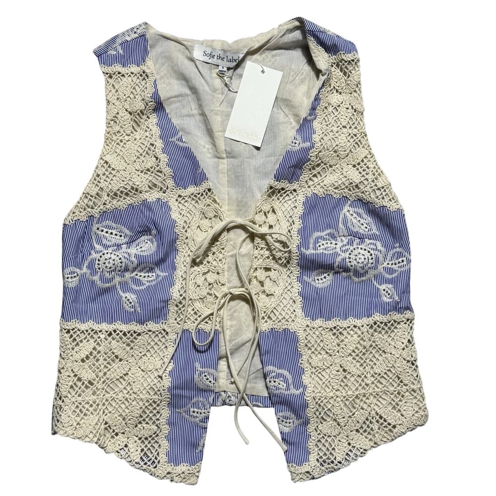 Cream Crochet & Blue Striped Tie-Front Vest
